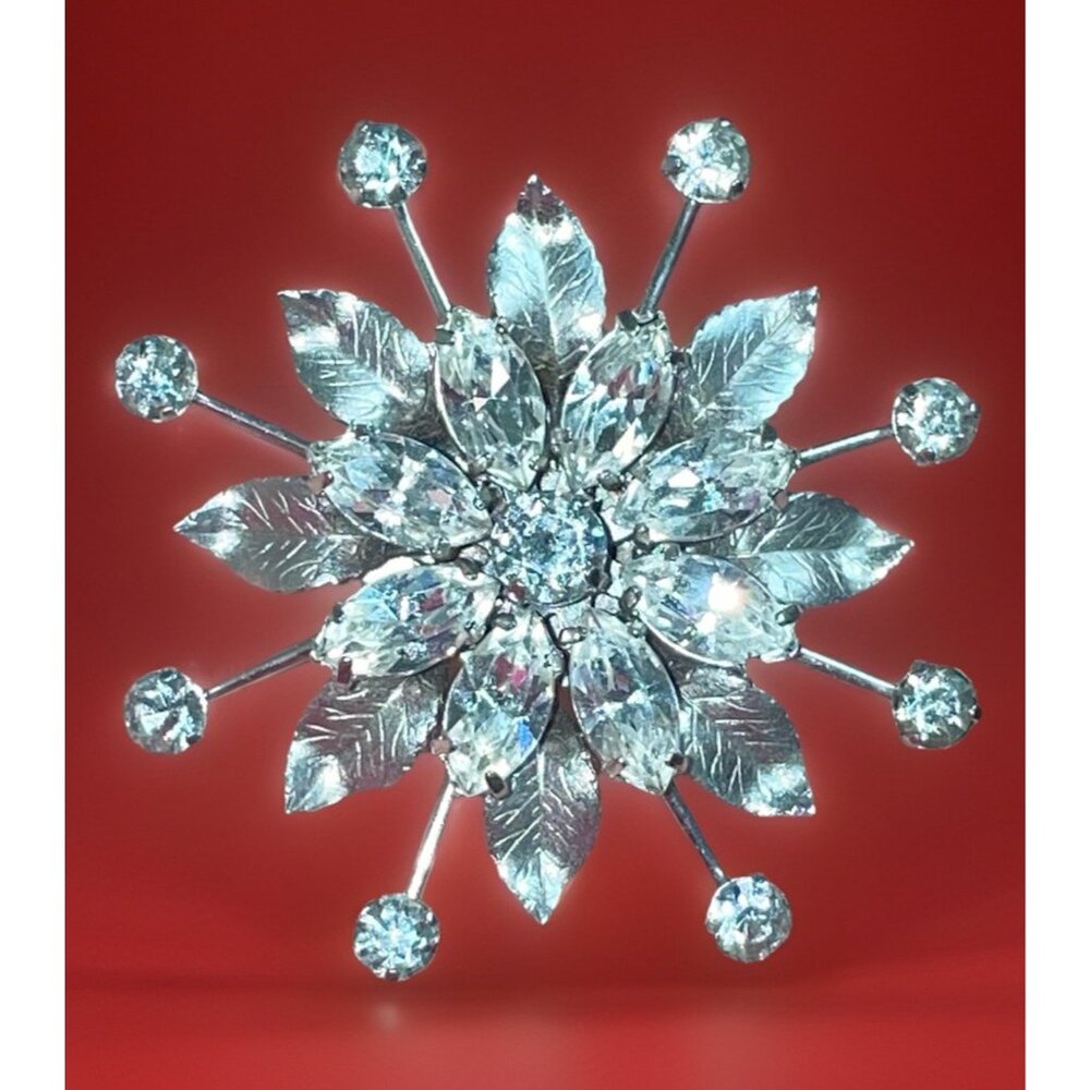 Vintage Krementz Atomic Flower  Clear Rhinestone Brooch Silver-Tone